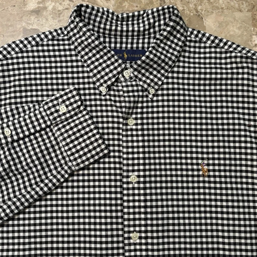 Polo Ralph Lauren Shirt Mens XL Black Classic Fit Gingham Oxford OCBD